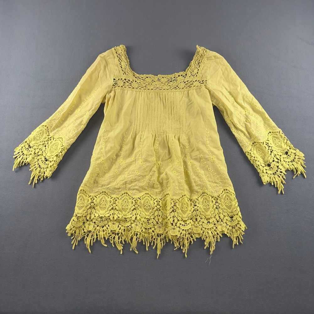 Sundance Women Lime Yellow Cotton Crochet Lace Fringe Tunic Top Small
